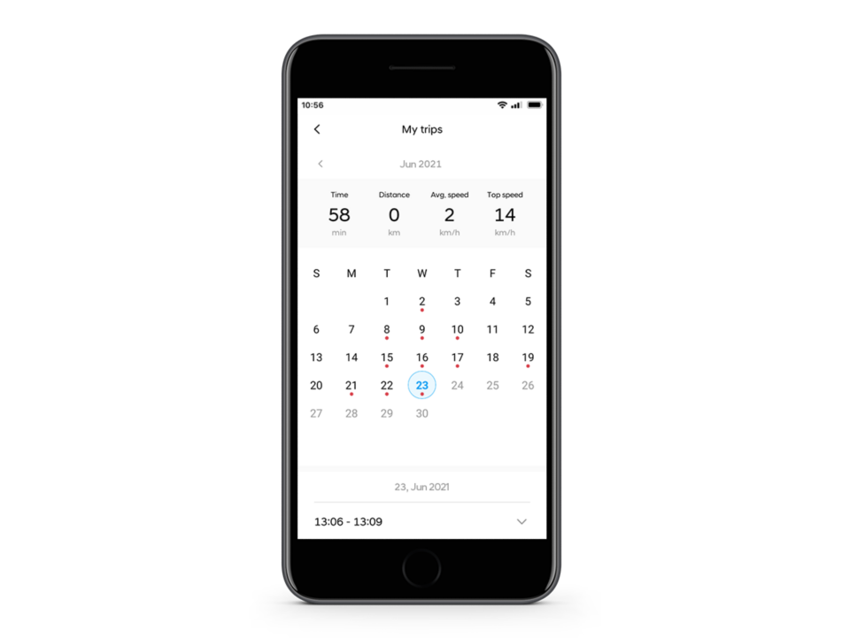 Close-up of the Hyundai Bluelink app with the My Trips feature on the screen