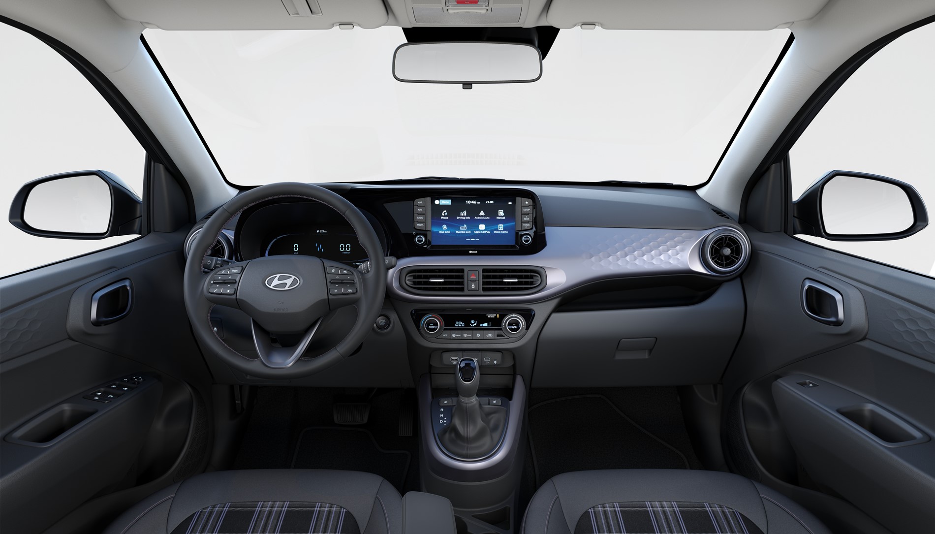 The 3D honeycomb pattern in the sporty dashboard design in the Hyundai i10.